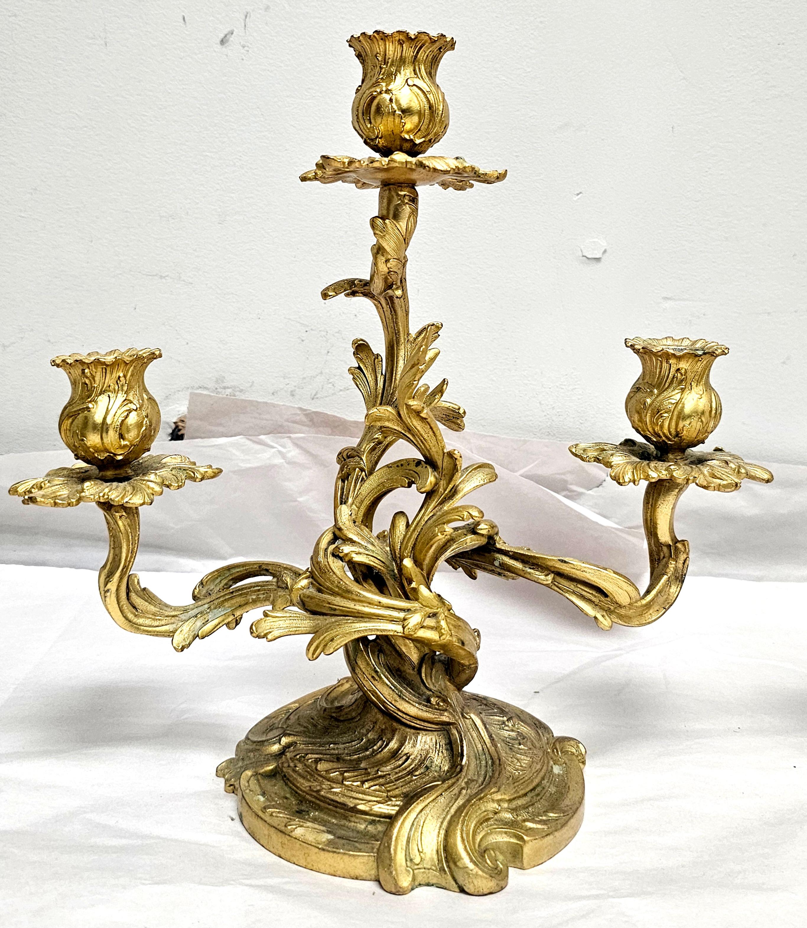 Pair of 20th Century Rococo Style Gilt Dore Three-Light Candelabra For Sale 4