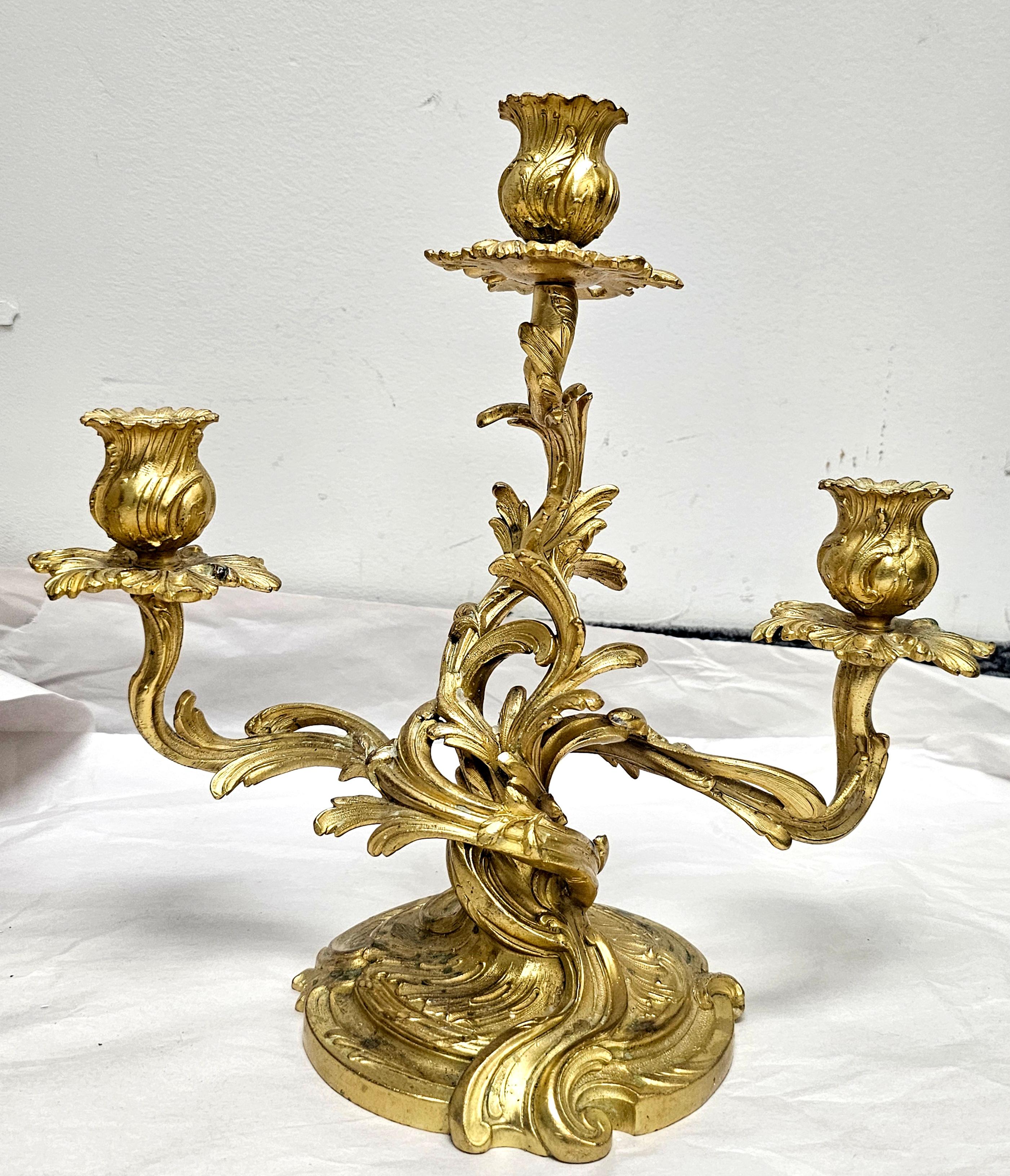 Pair of 20th Century Rococo Style Gilt Dore Three-Light Candelabra For Sale 5