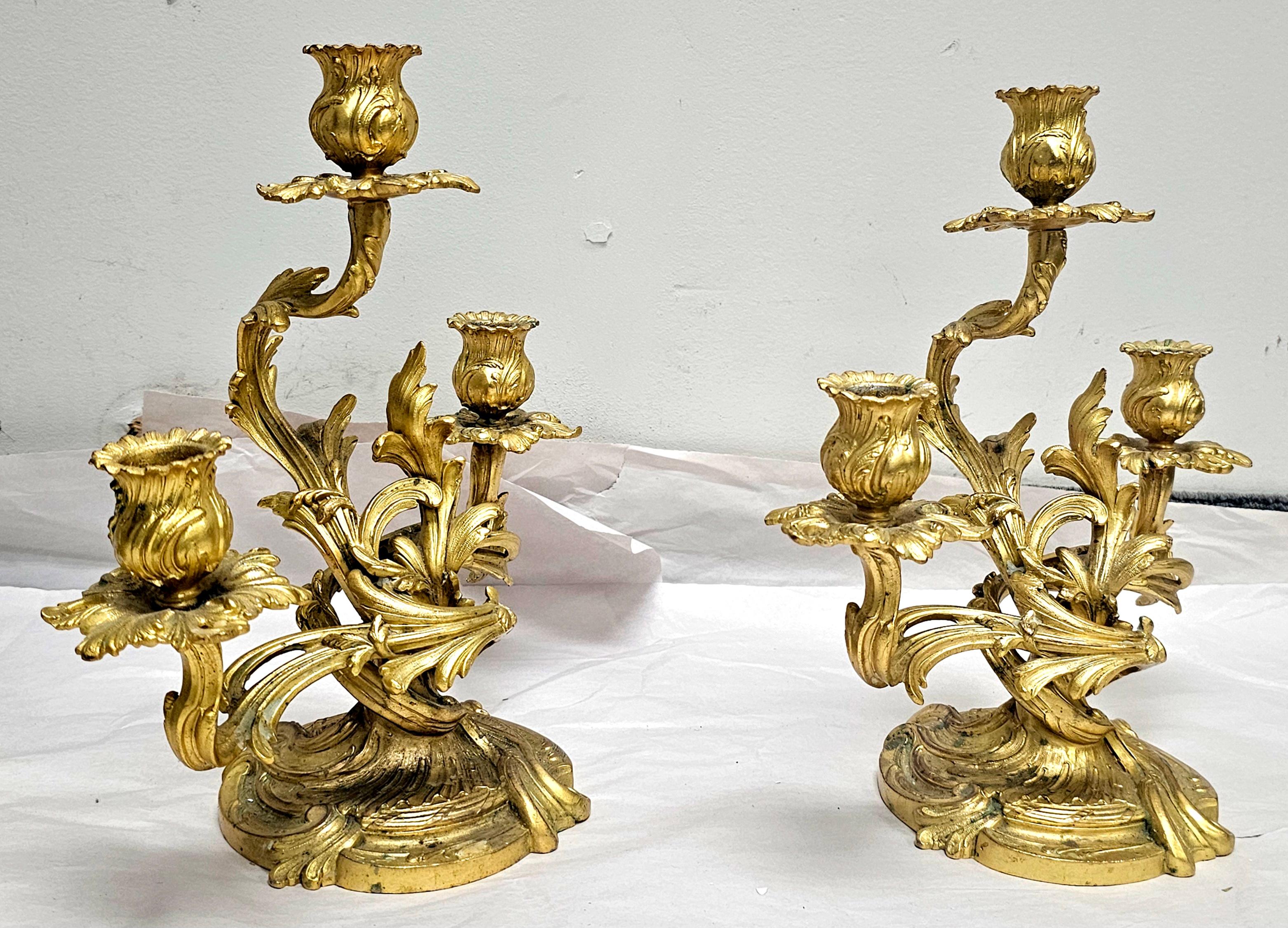 Pair of 20th Century Rococo Style Gilt Dore Three-Light Candelabra For Sale 6
