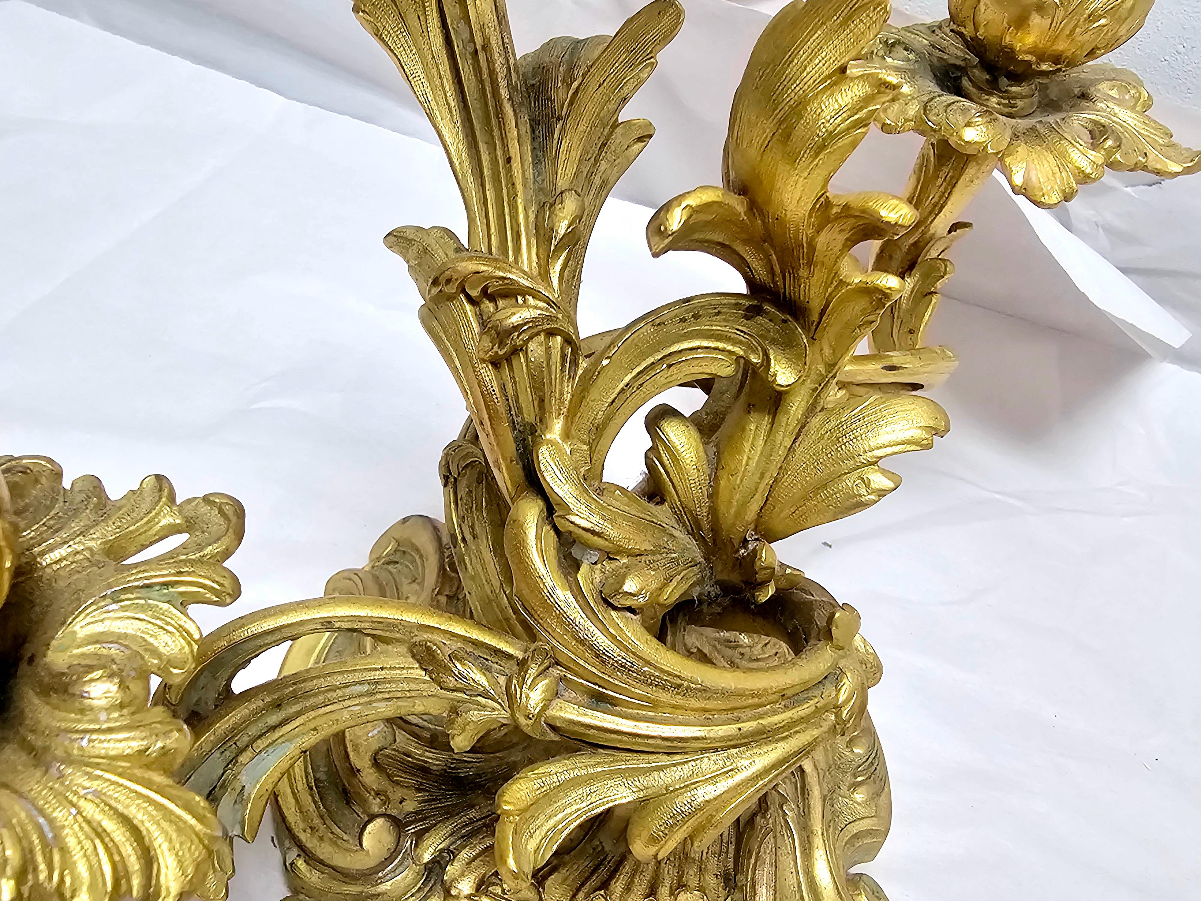 Pair of 20th Century Rococo Style Gilt Dore Three-Light Candelabra For Sale 8