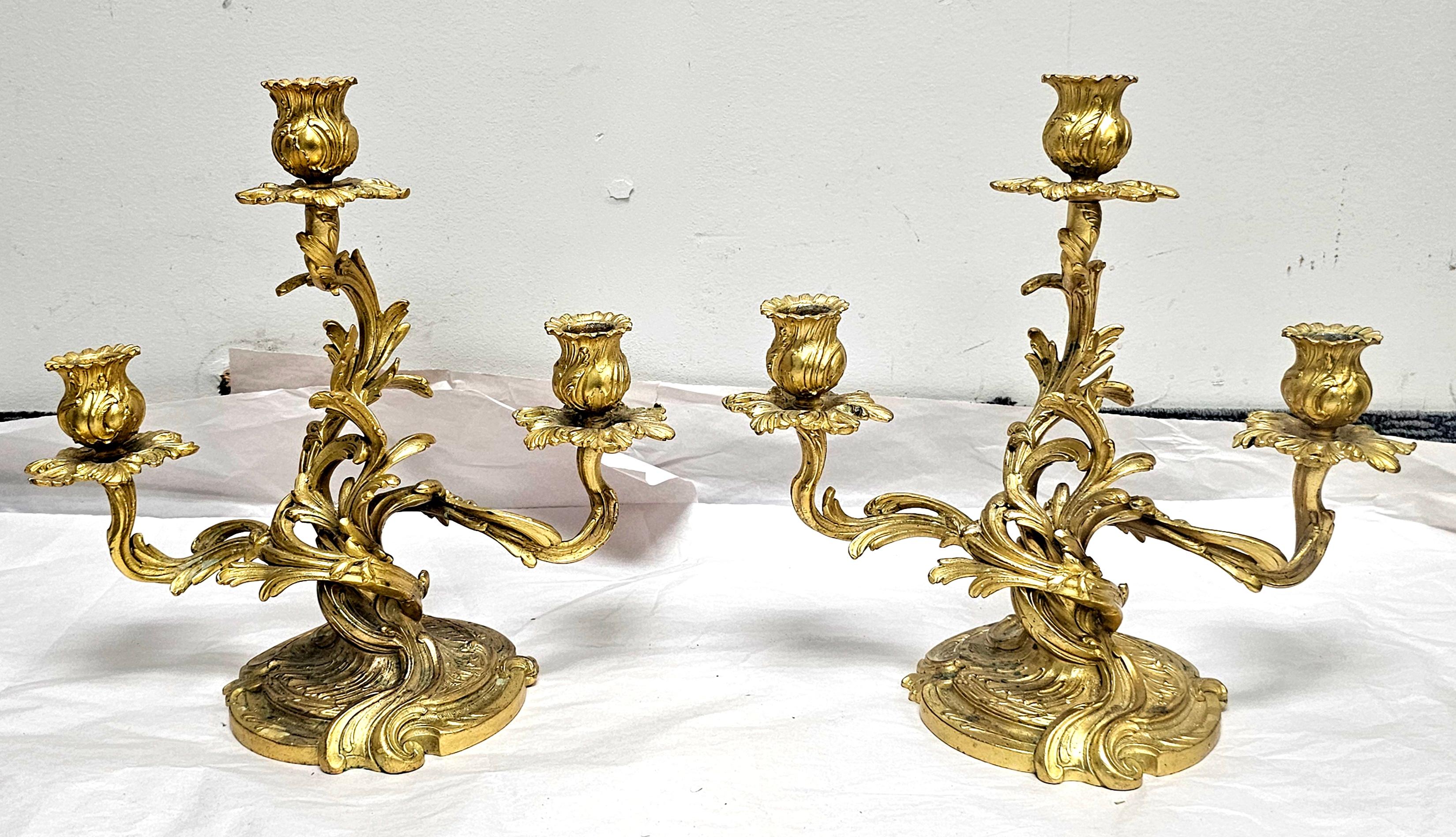 Pair of 20th Century Rococo Style Gilt Dore Three-Light Candelabra For Sale 3