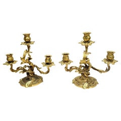 Pair of 20th Century Rococo Style Gilt Dore Three-Light Candelabra