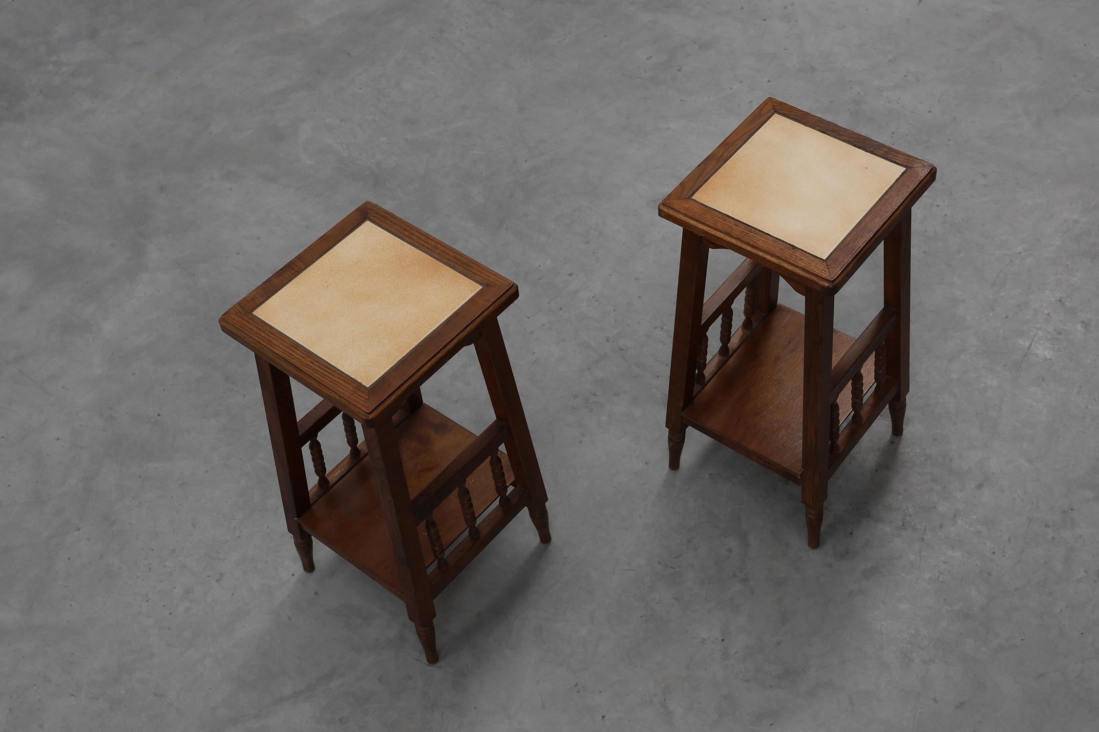 Pair of 20th century rustic wooden side tables with ceramic tile top, France For Sale 3