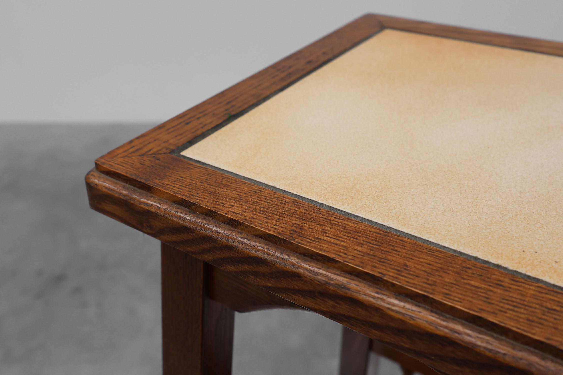 Pair of 20th century rustic wooden side tables with ceramic tile top, France For Sale 4