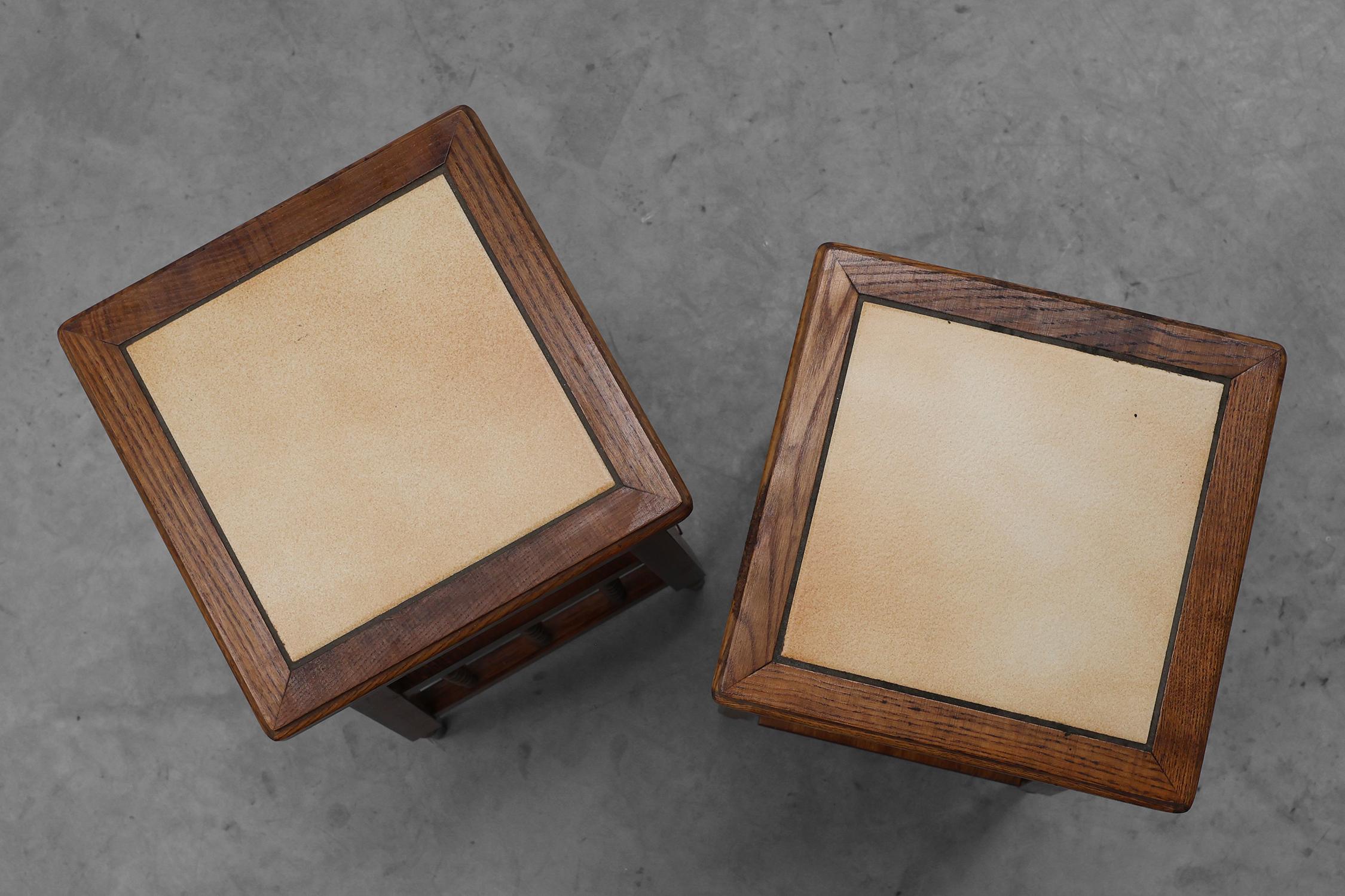 Pair of 20th century rustic wooden side tables with ceramic tile top, France For Sale 6