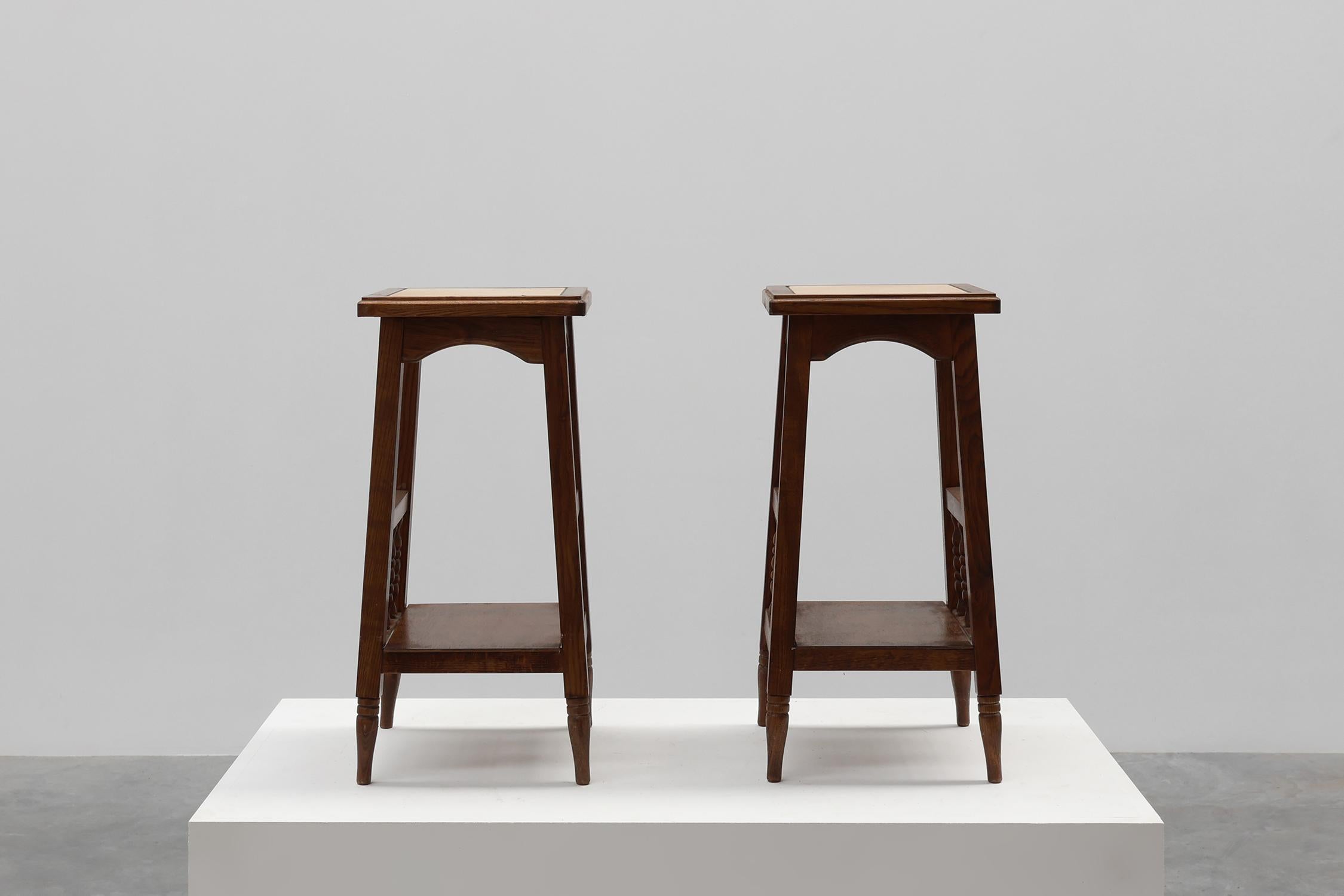 Pair of 20th century rustic wooden side tables with ceramic tile top, France For Sale 7