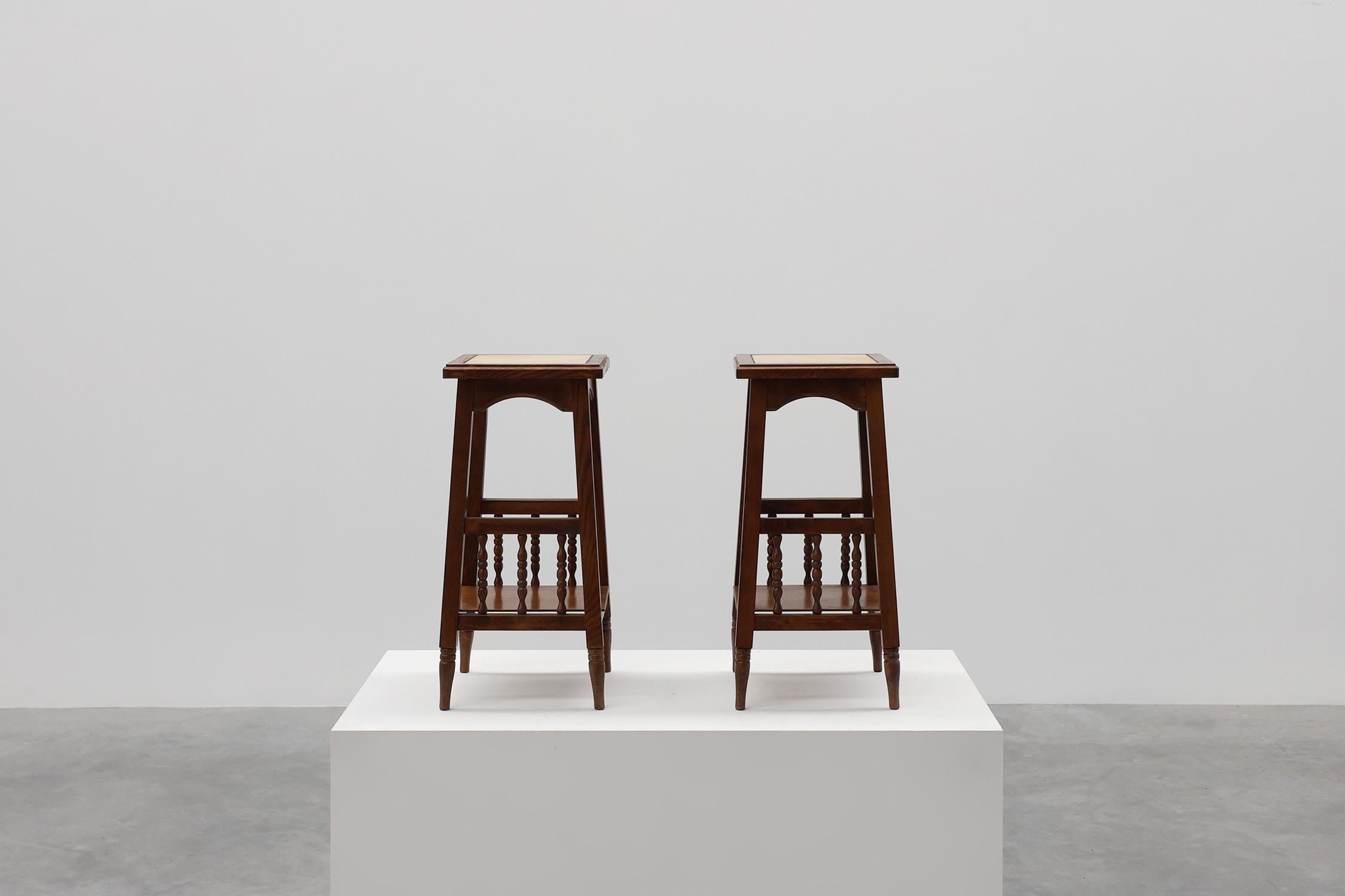 French Pair of 20th century rustic wooden side tables with ceramic tile top, France For Sale