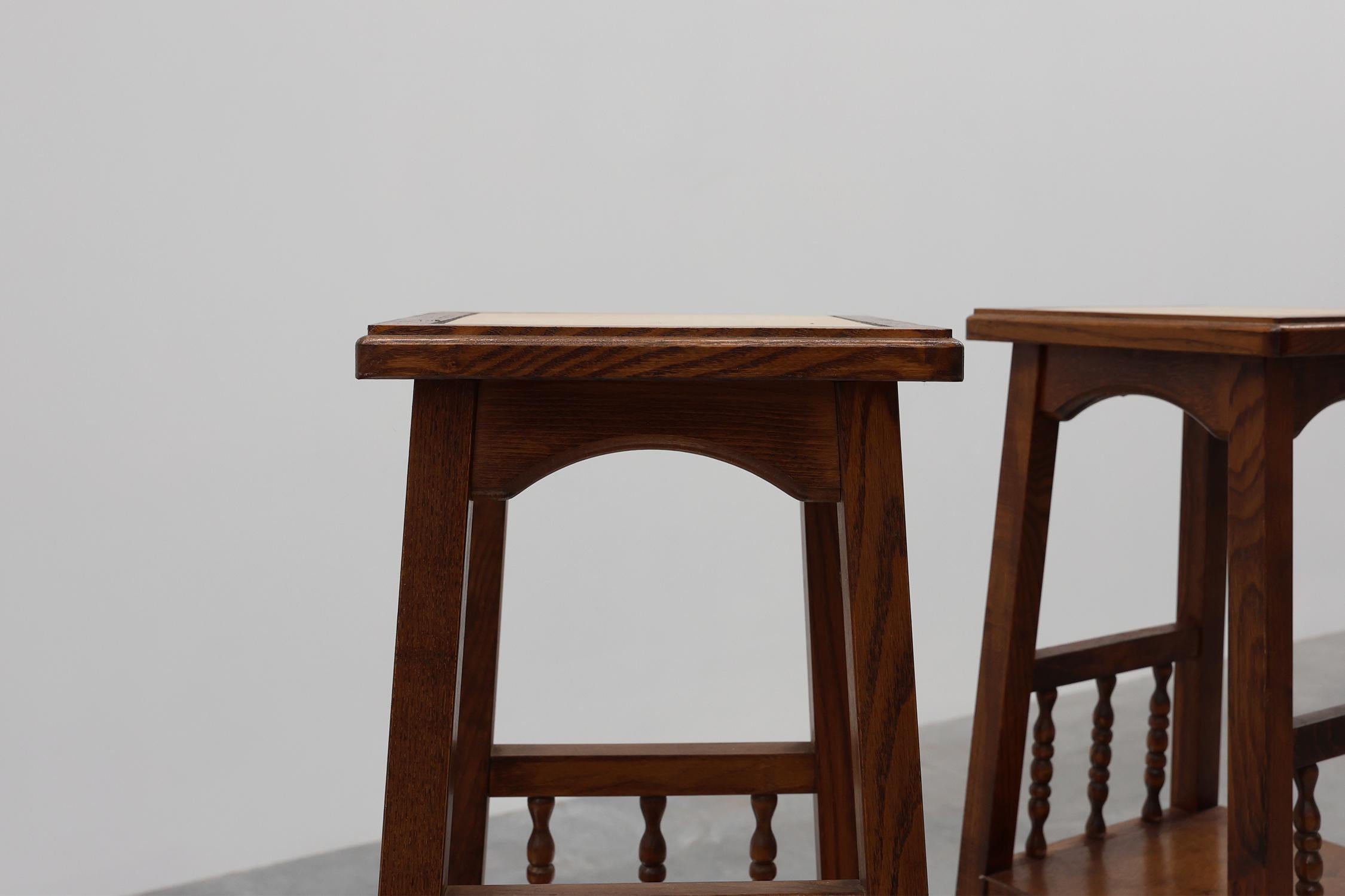 Mid-20th Century Pair of 20th century rustic wooden side tables with ceramic tile top, France For Sale