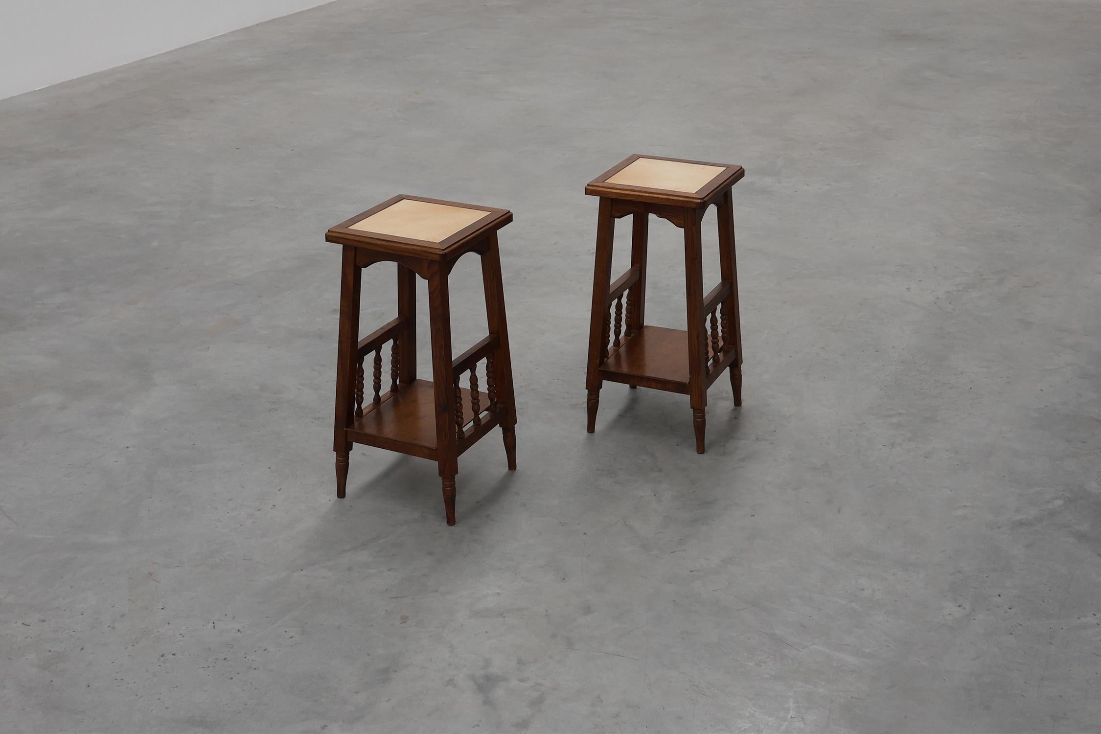 Pair of 20th century rustic wooden side tables with ceramic tile top, France For Sale 1