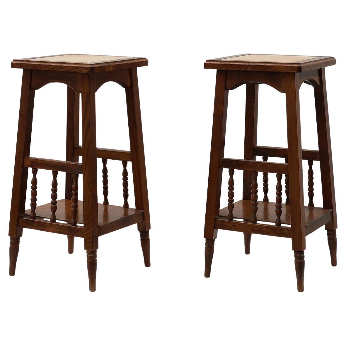 Pair of 20th century rustic wooden side tables with ceramic tile top, France For Sale