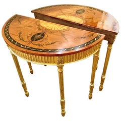 Pair of 20th Century Satinwood and Gilt Demilune Console Tables