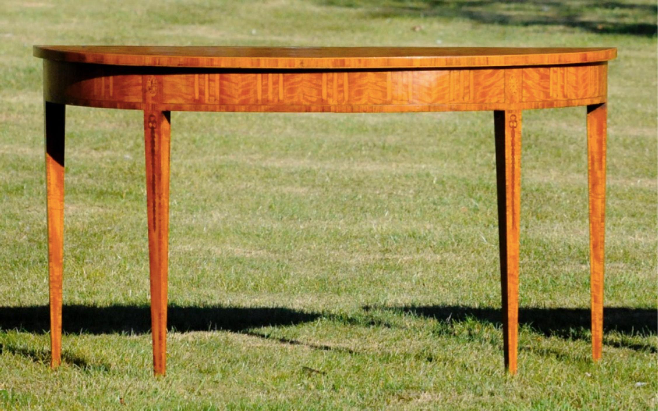 English Pair of 20th Century Satinwood and Inlaid Demilune Adam Style Console Tables For Sale