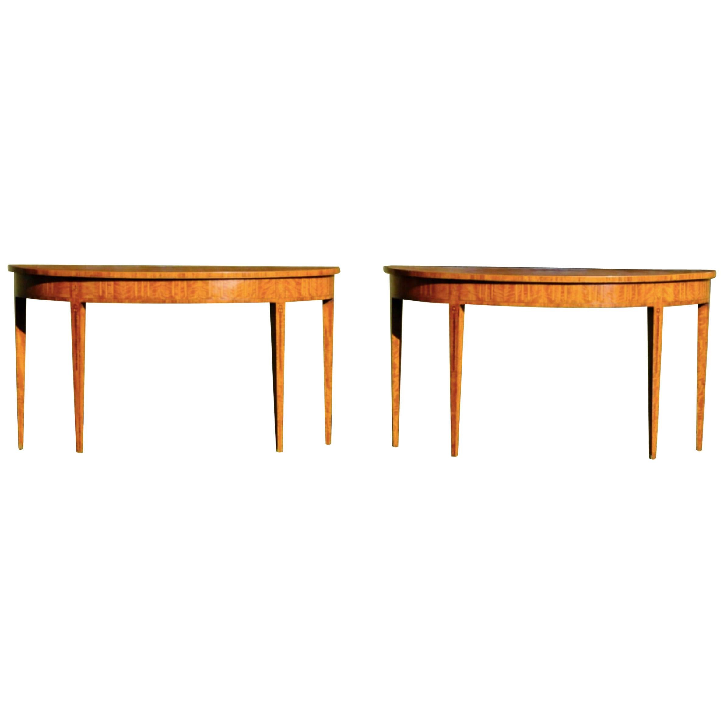 Pair of 20th Century Satinwood and Inlaid Demilune Adam Style Console Tables For Sale