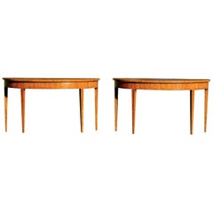 Pair of 20th Century Satinwood and Inlaid Demilune Adam Style Console Tables