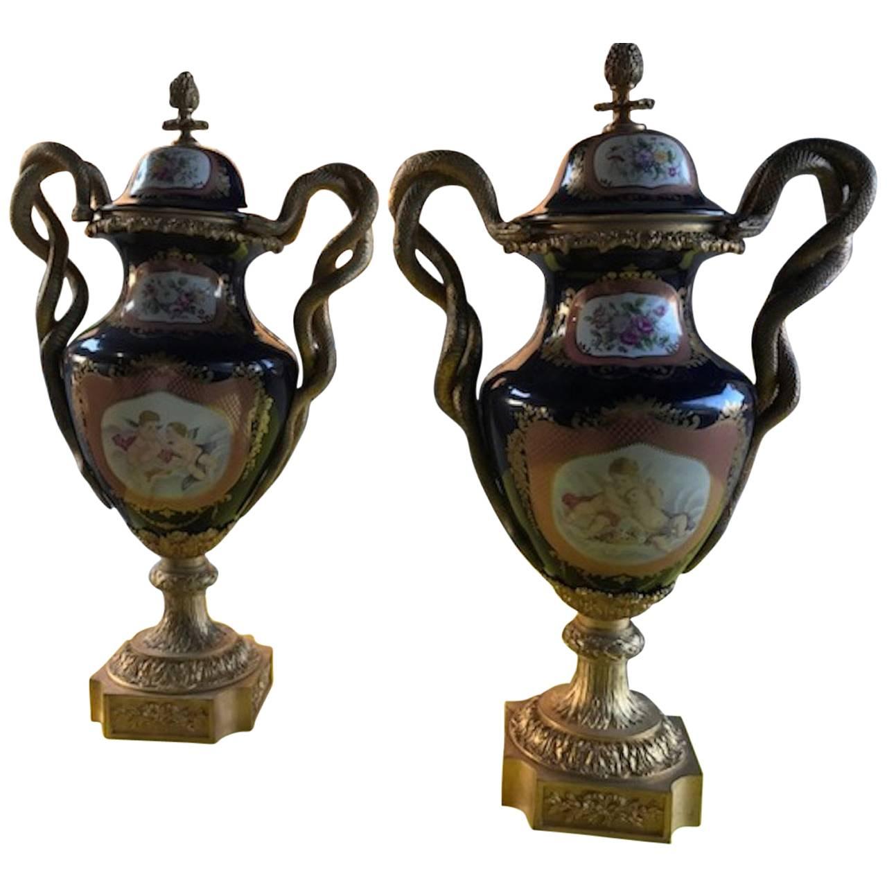 Pair of 20th Century Sevres Style Porcelain Ormolu Vases For Sale