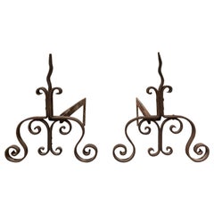 Pair of 20th Century Small Iron Andirons with Flame and Scroll Design
