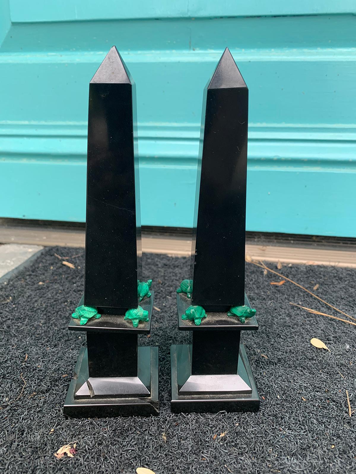 Pair of 20th century small malachite obelisks with turtles.