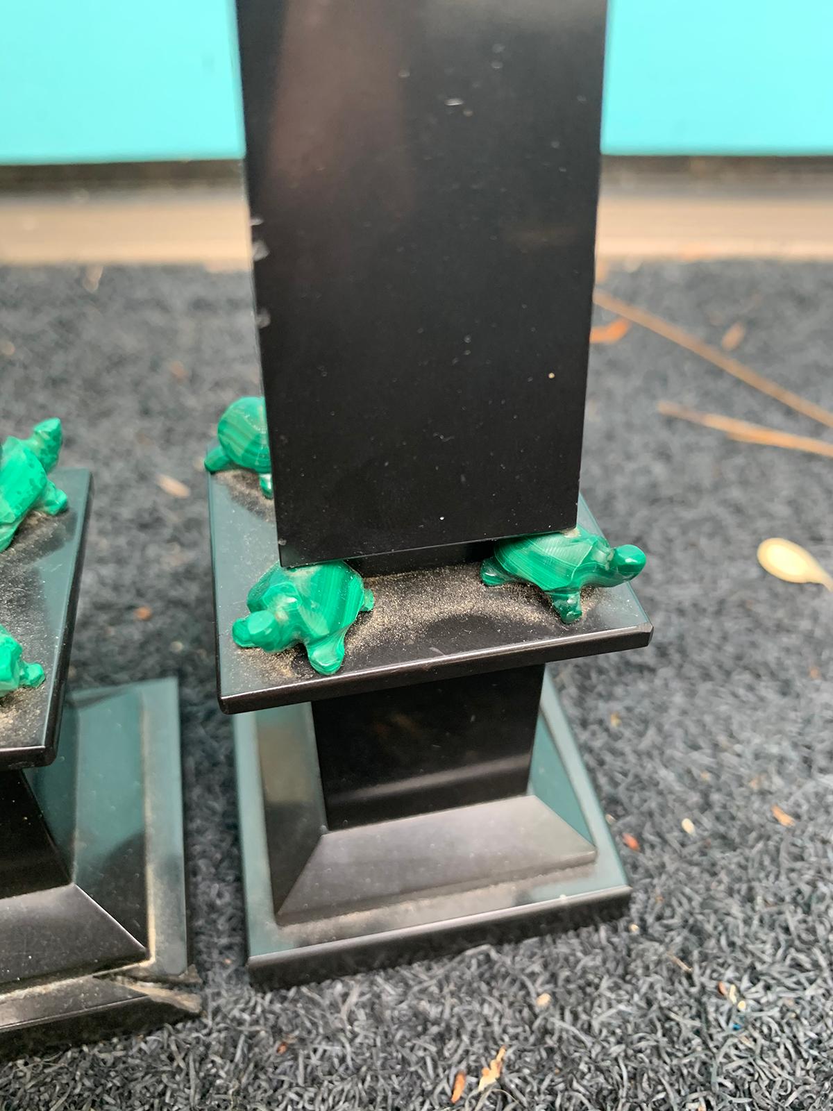 Pair of 20th Century Small Malachite Obelisks with Turtles In Good Condition For Sale In Atlanta, GA