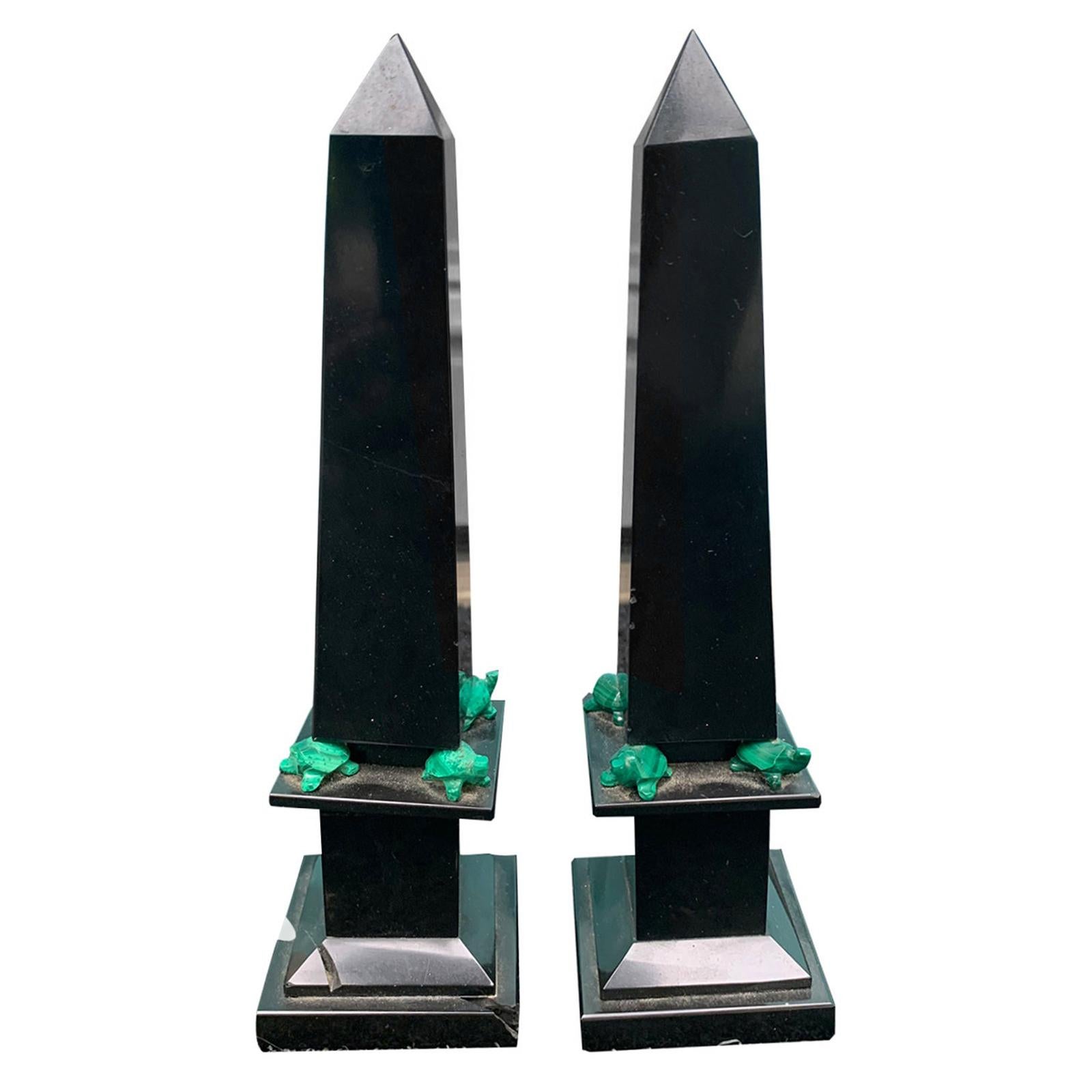 Pair of 20th Century Small Malachite Obelisks with Turtles For Sale