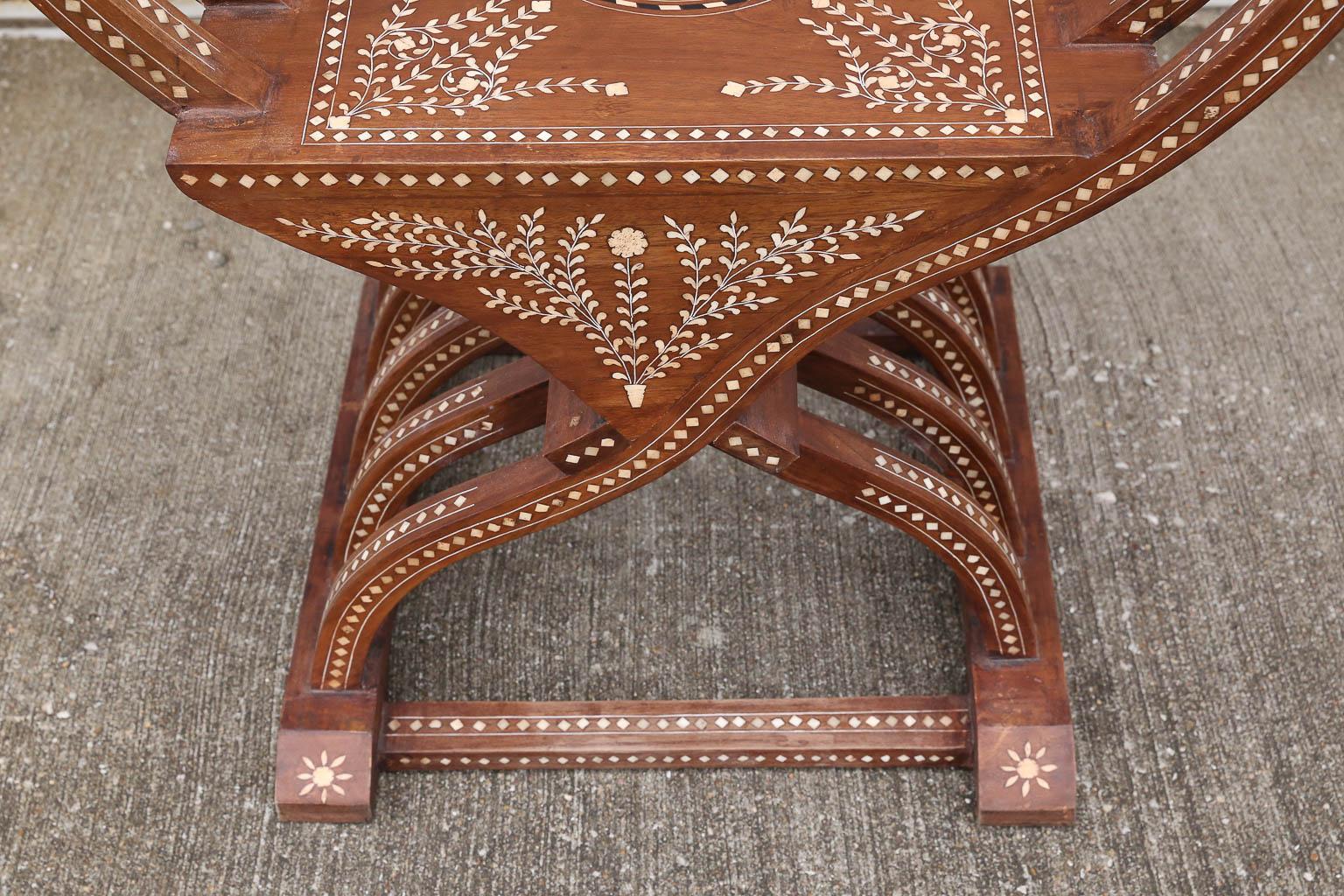 Pair of 20th Century Solid Teak Wood Exquisitely Inlaid Savonarola Style Chairs For Sale 4