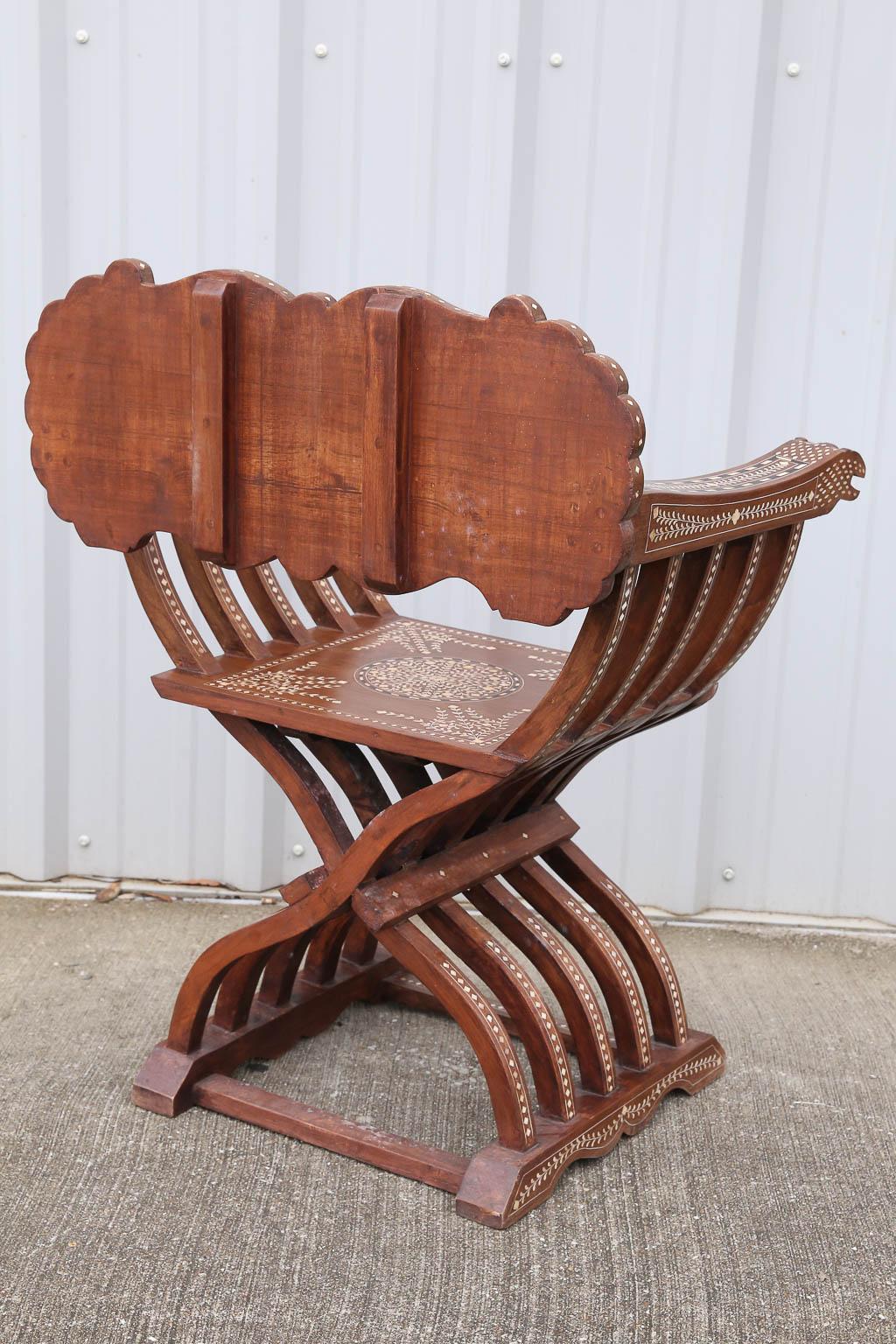 Pair of 20th Century Solid Teak Wood Exquisitely Inlaid Savonarola Style Chairs For Sale 5