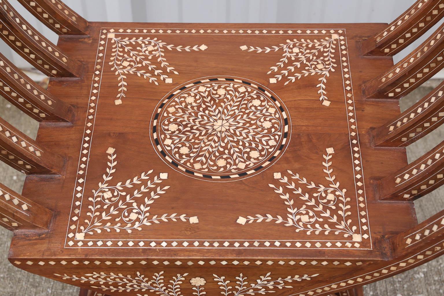 Indian Pair of 20th Century Solid Teak Wood Exquisitely Inlaid Savonarola Style Chairs For Sale