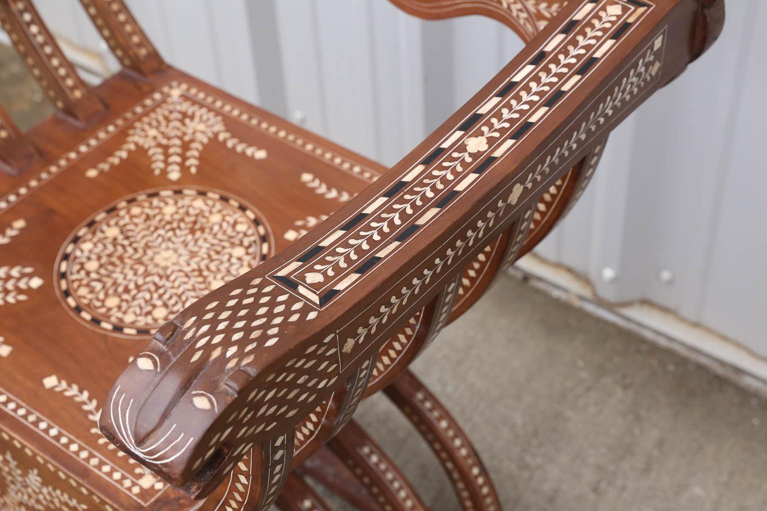 Pair of 20th Century Solid Teak Wood Exquisitely Inlaid Savonarola Style Chairs For Sale 1