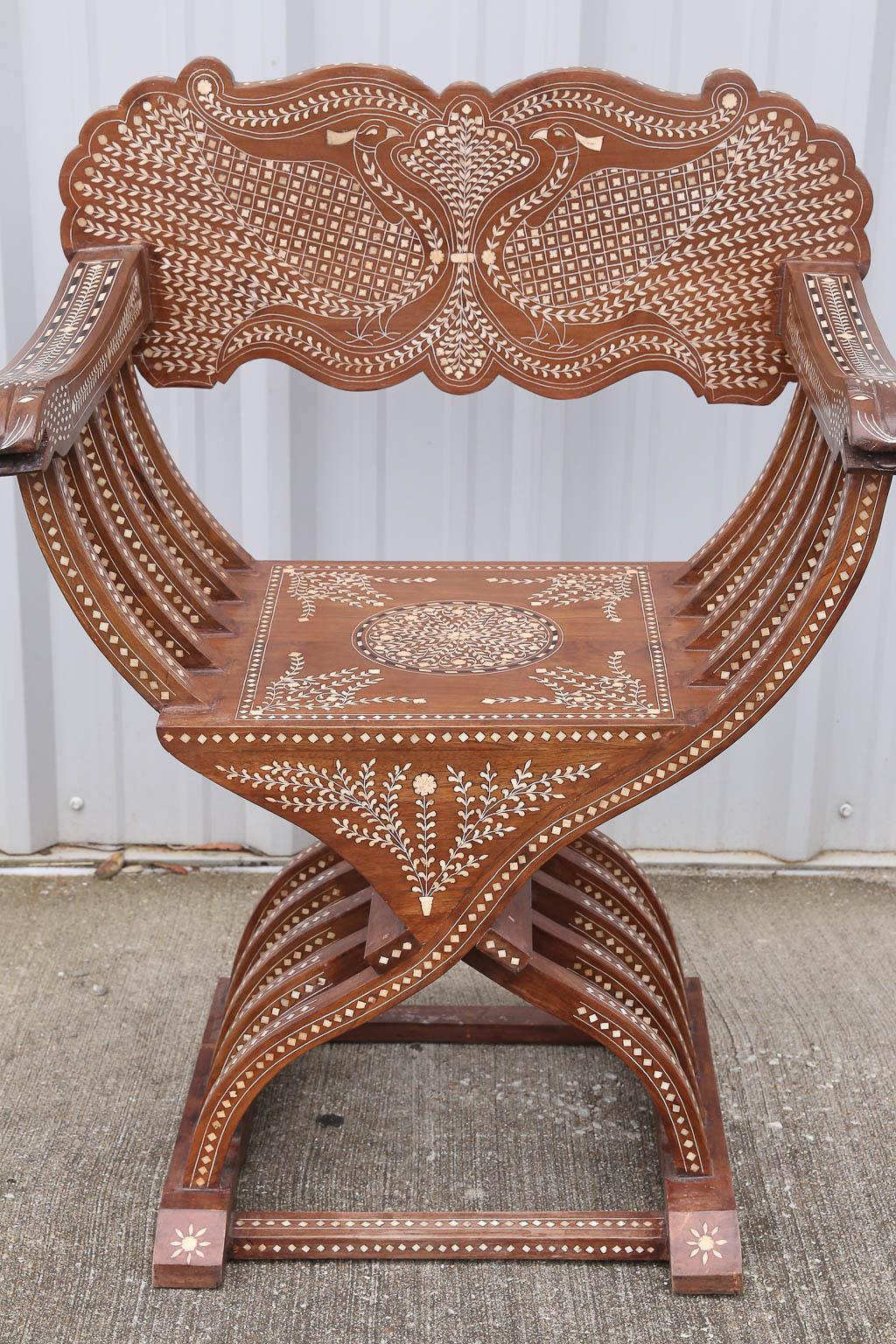 Pair of 20th Century Solid Teak Wood Exquisitely Inlaid Savonarola Style Chairs For Sale 2
