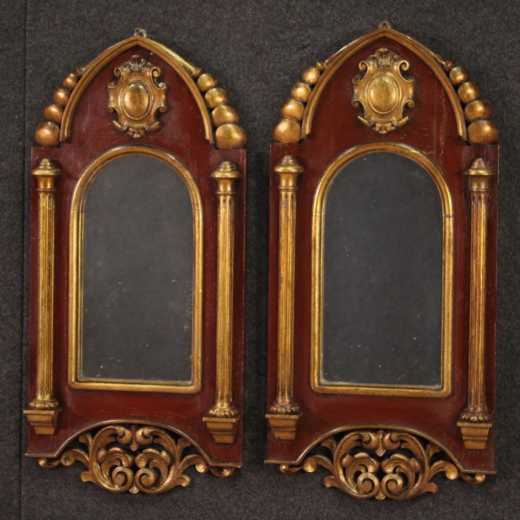 Mid-20th Century Pair of 20th Century Spanish Neo-Gothic Style Lacquered Gold Wood Mirrors, 1950 in vendita