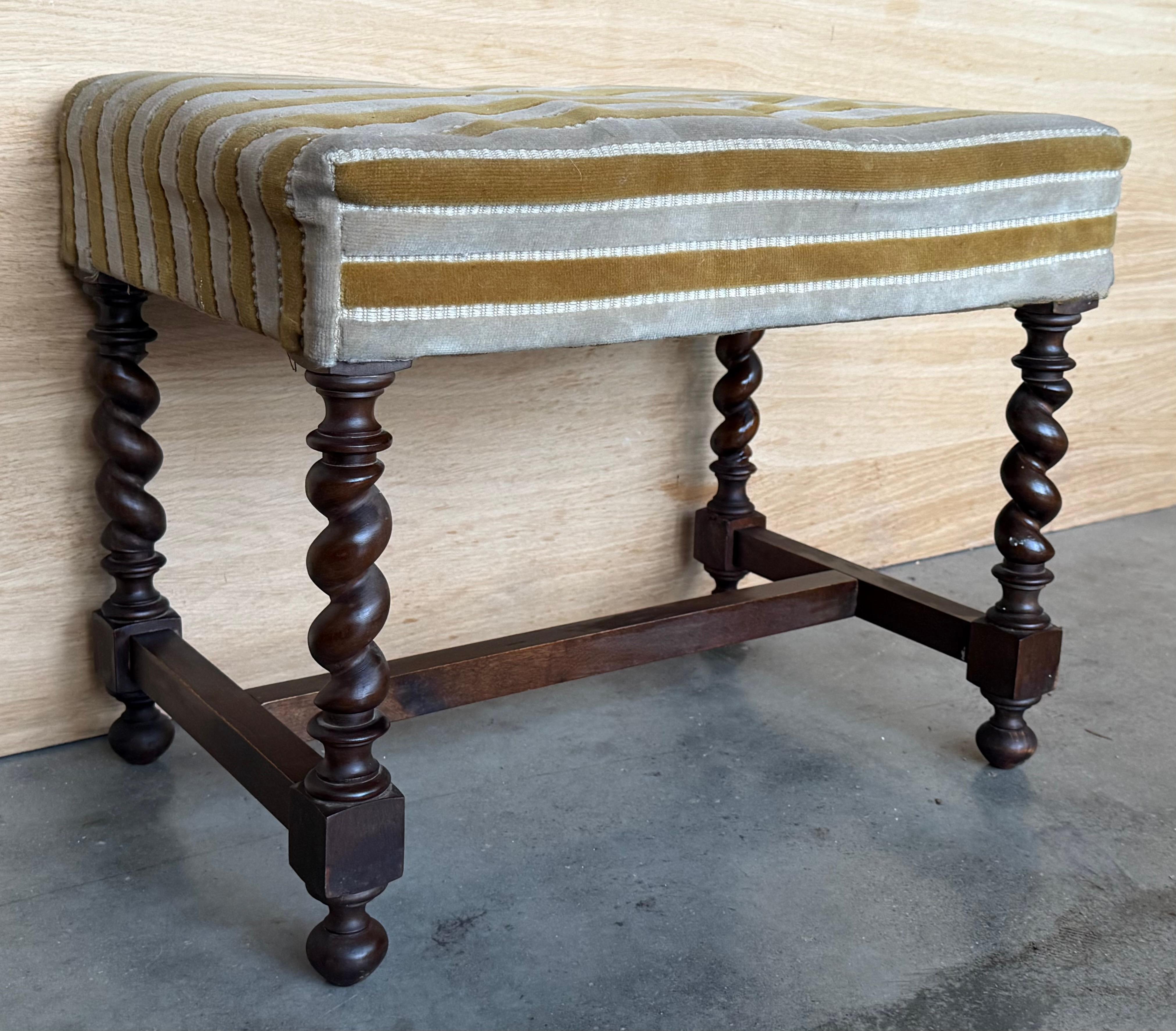 Fabric Pair of 20th century Spanish Solomonic Carved Solid Walnut Stools For Sale