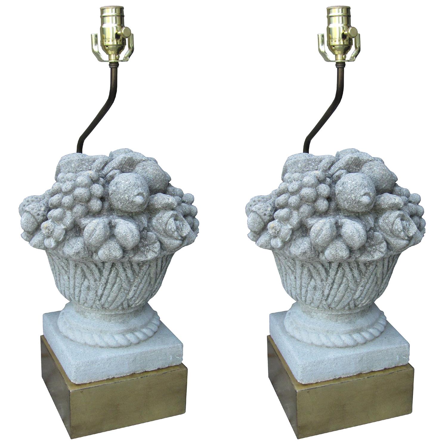 Pair of 20th Century  Fruit Basket Lamps on Custom Gilt Bases