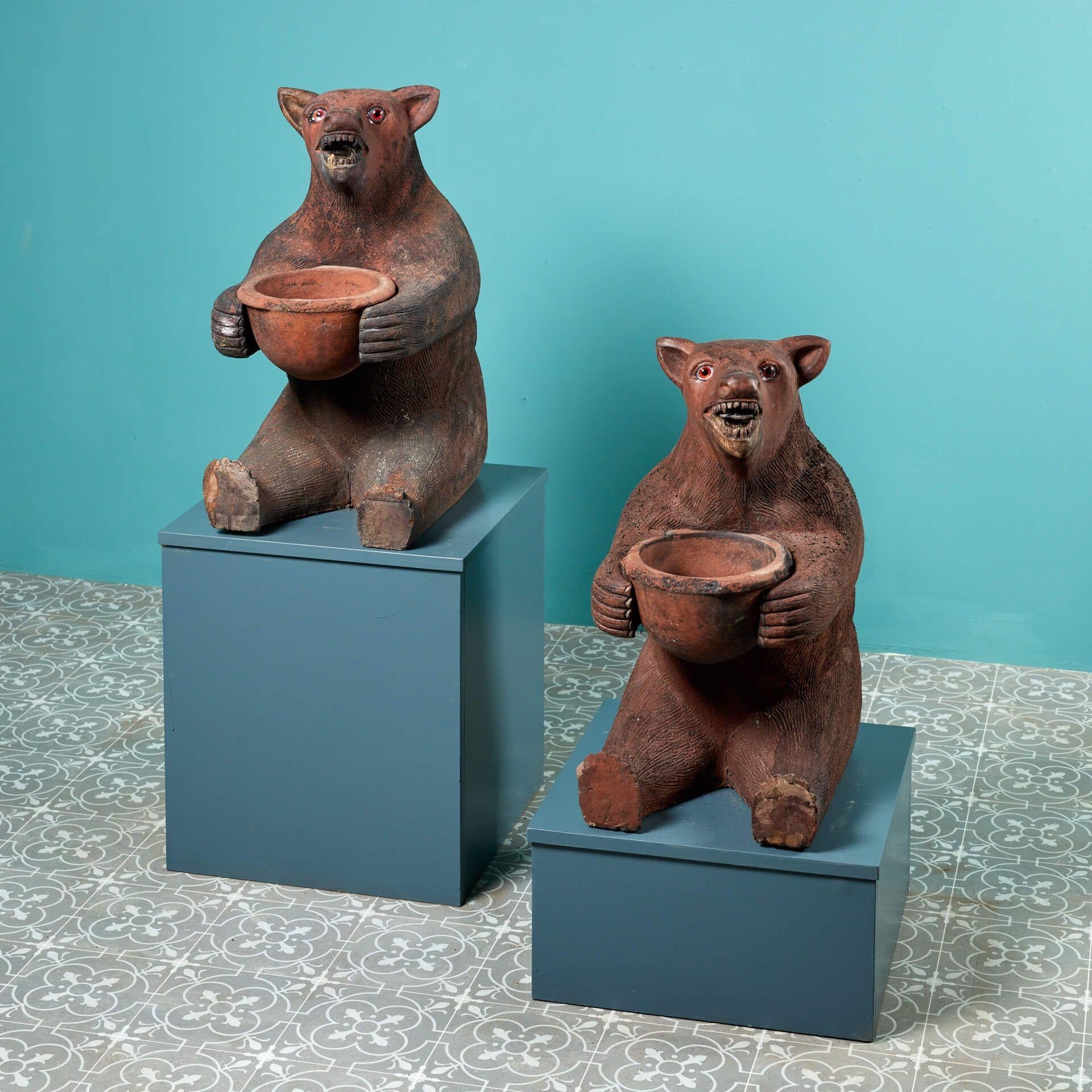 Victorian Pair of 20th Century Terracotta Brown Bear Statues For Sale