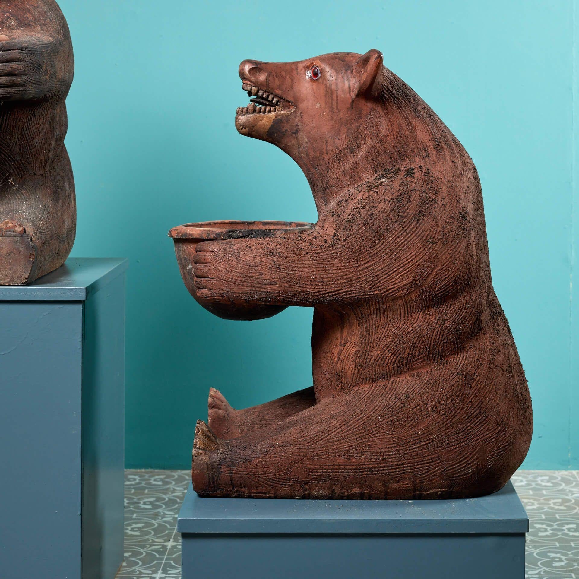 English Pair of 20th Century Terracotta Brown Bear Statues For Sale