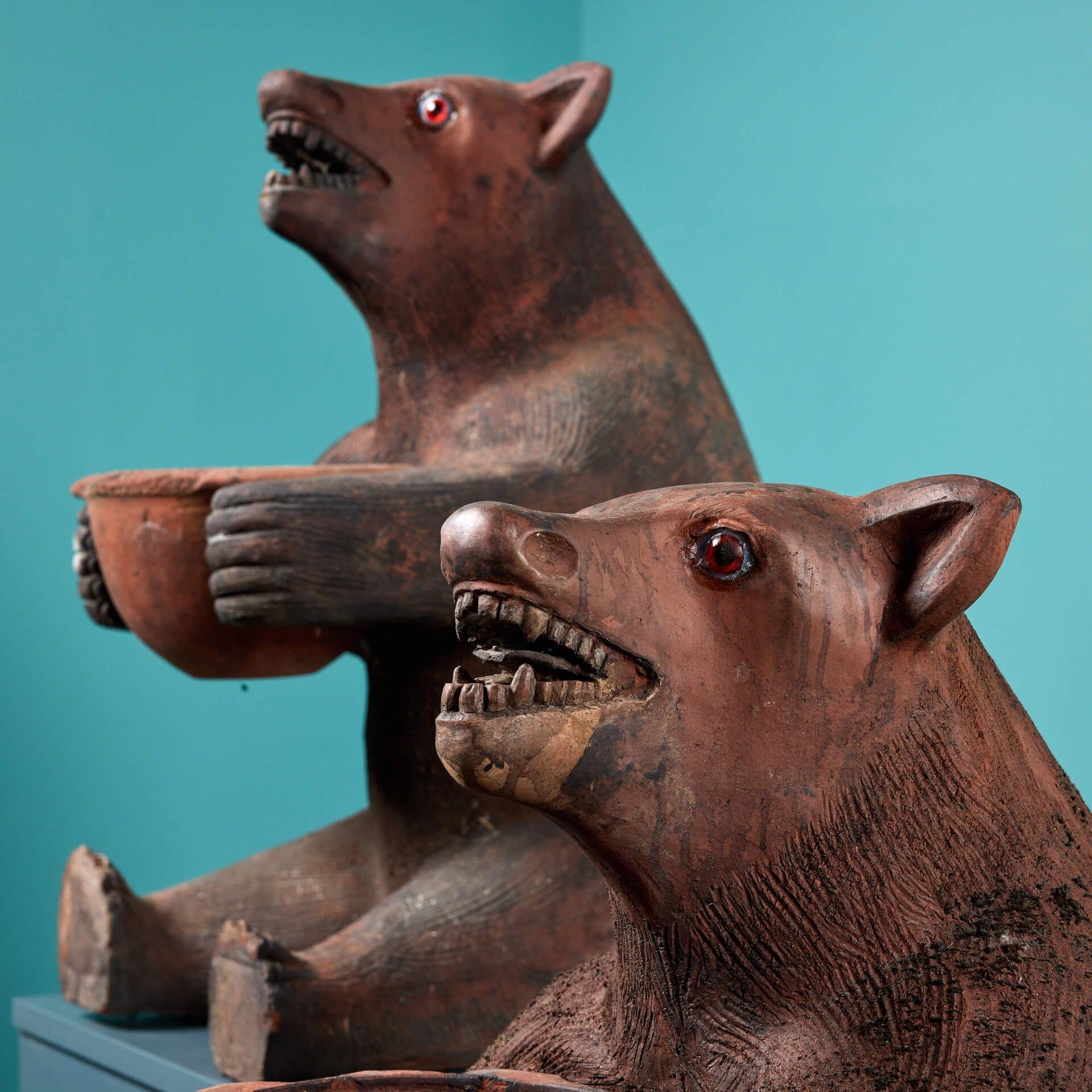 Pair of 20th Century Terracotta Brown Bear Statues In Good Condition For Sale In Wormelow, Herefordshire