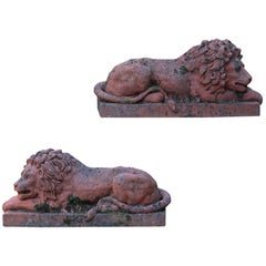 Vintage Pair of 20th Century Terracotta Recumbent Lions