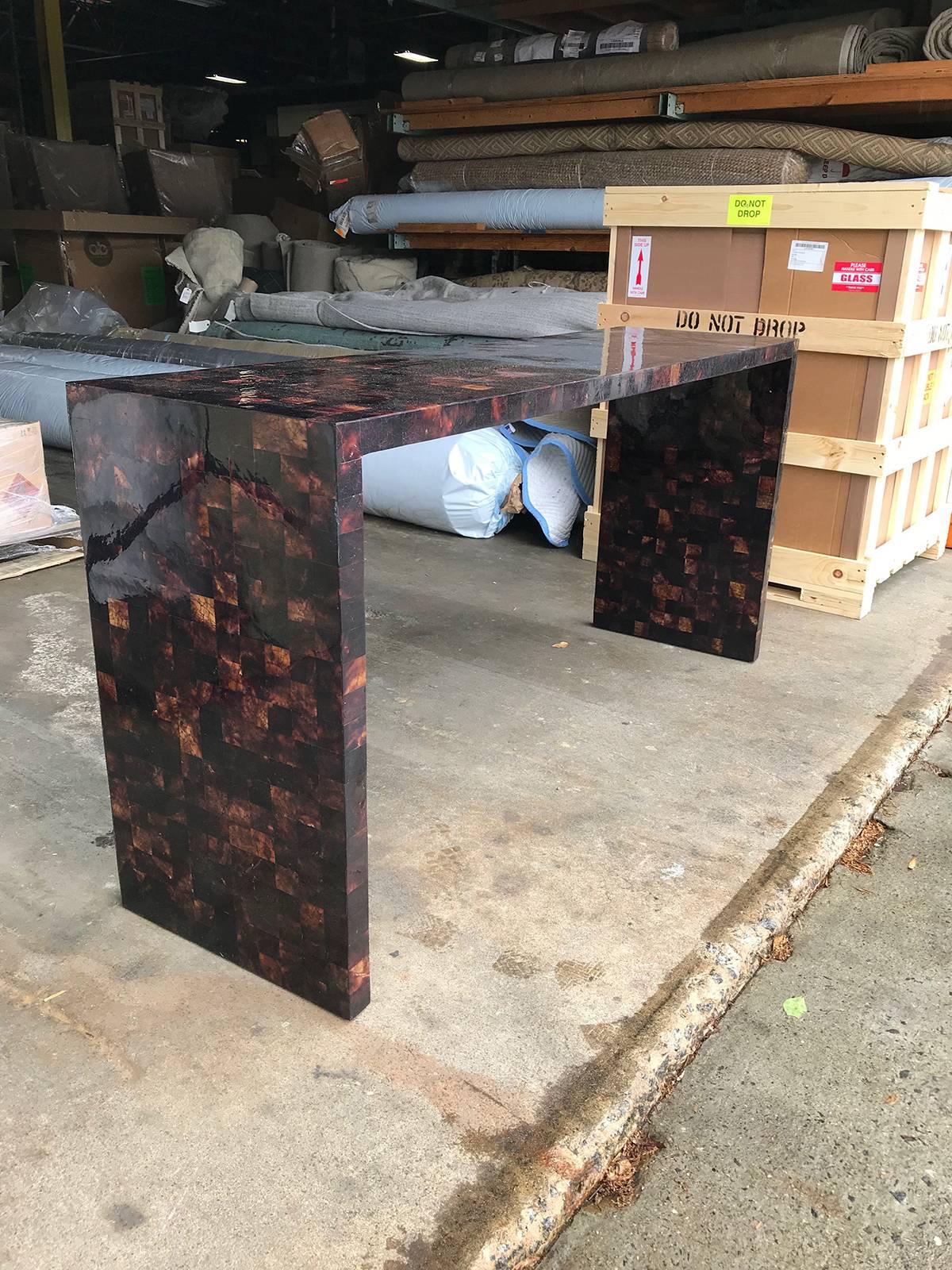 Pair of 20th century tessellated horn console tables.