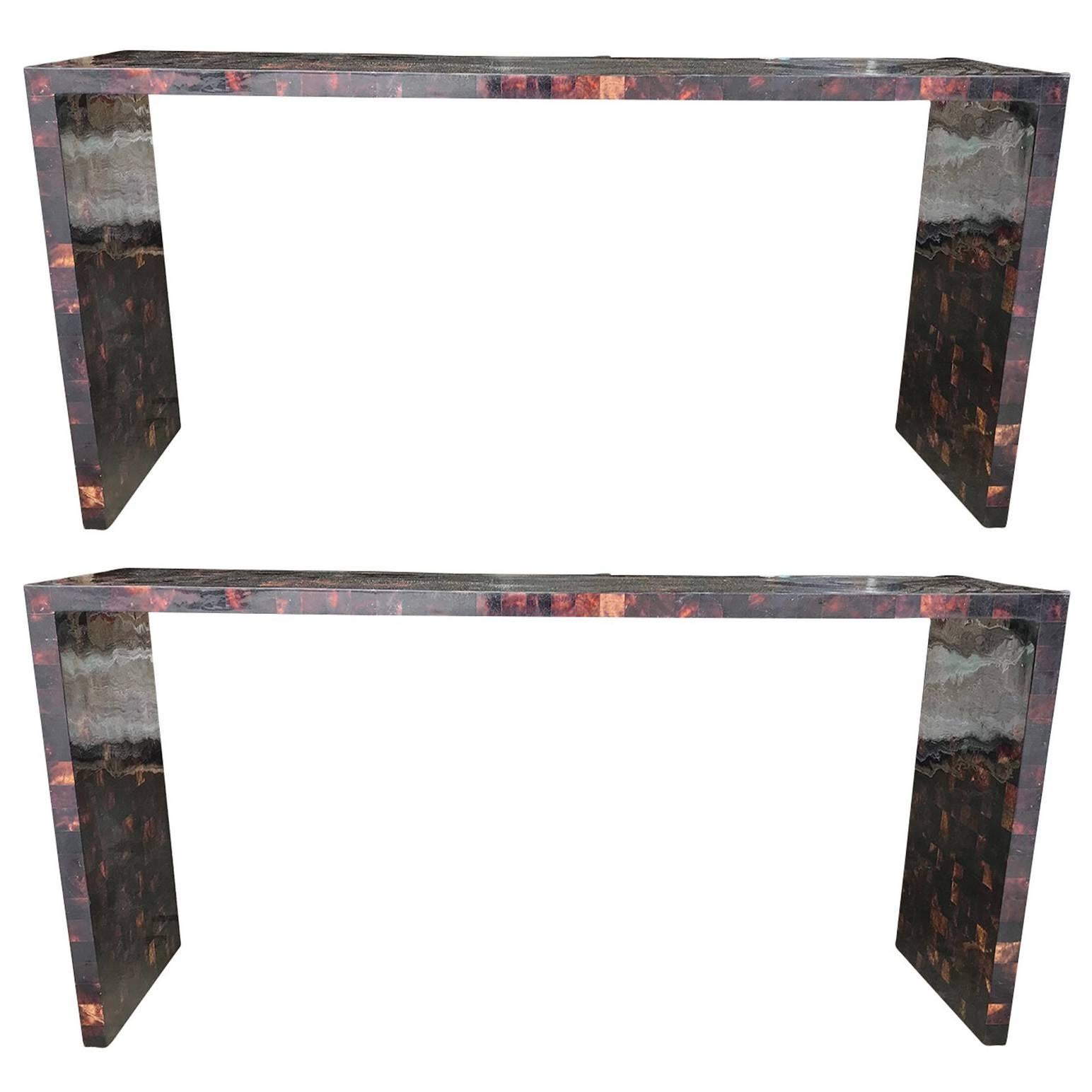 Pair of 20th Century Tessellated Horn Console Tables