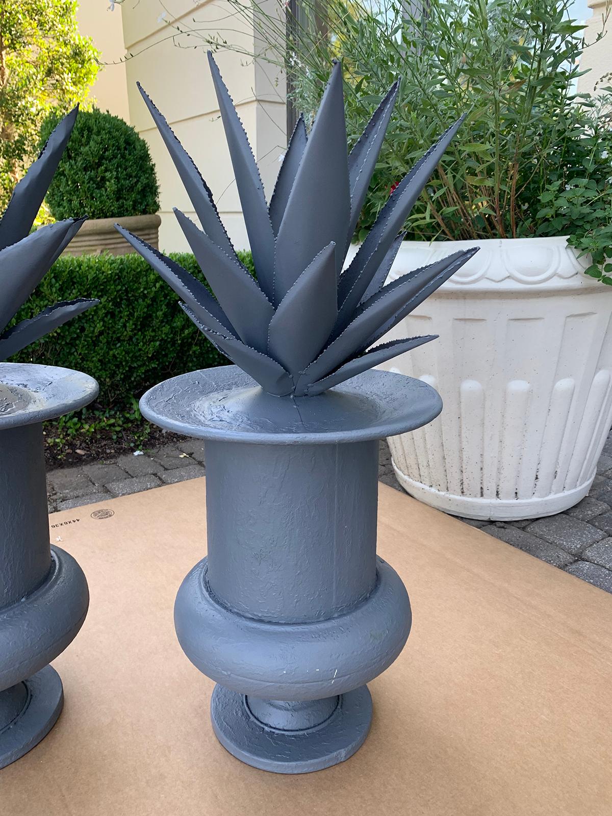 Metal Pair of 20th Century Tole Agaves in Urns, Painted
