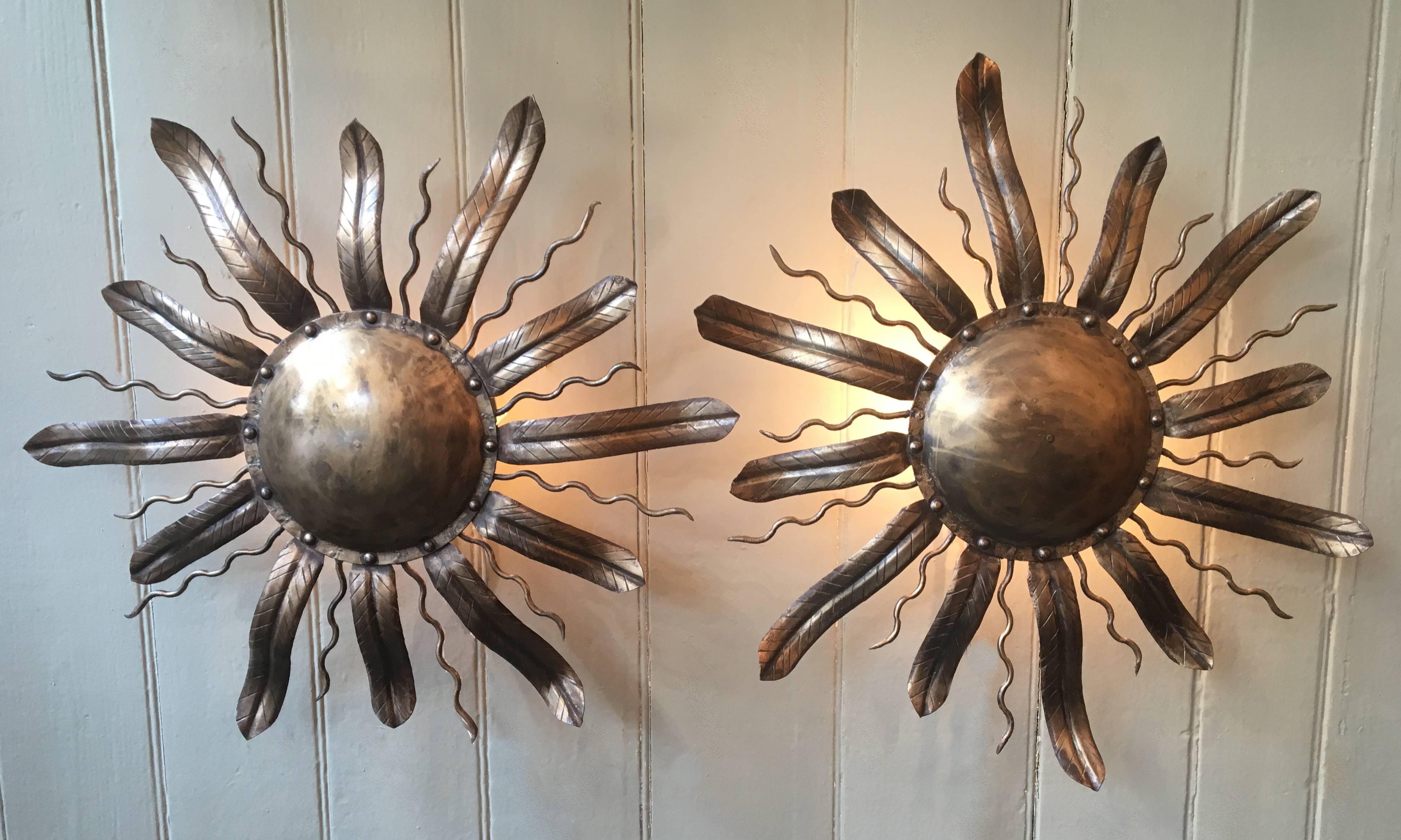 Pair of 20th century tole Barcelona sconces in a beautiful flower design. These can also double as flush mounts on a ceiling.