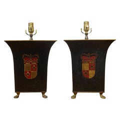 Pair of 20th Century Tole Square Lamps with Crests