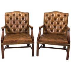 Pair of 20th Century Tufted Leather Open Armchairs