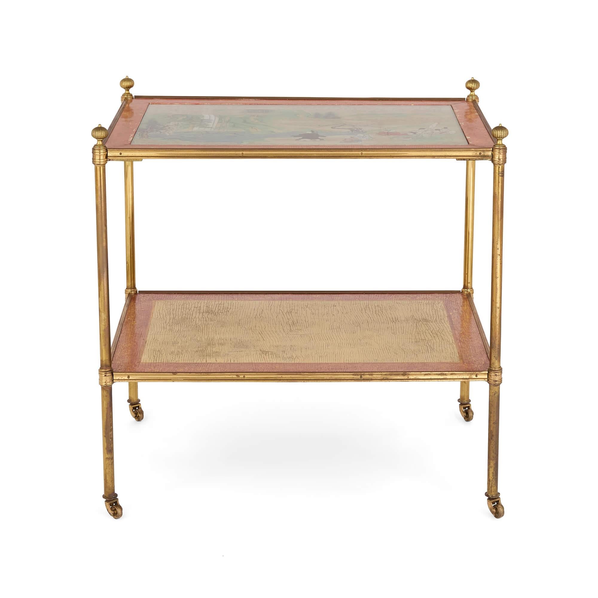 Moderne Paire d'étagères à deux niveaux en laiton du 20e siècle avec peintures japonaises en vente