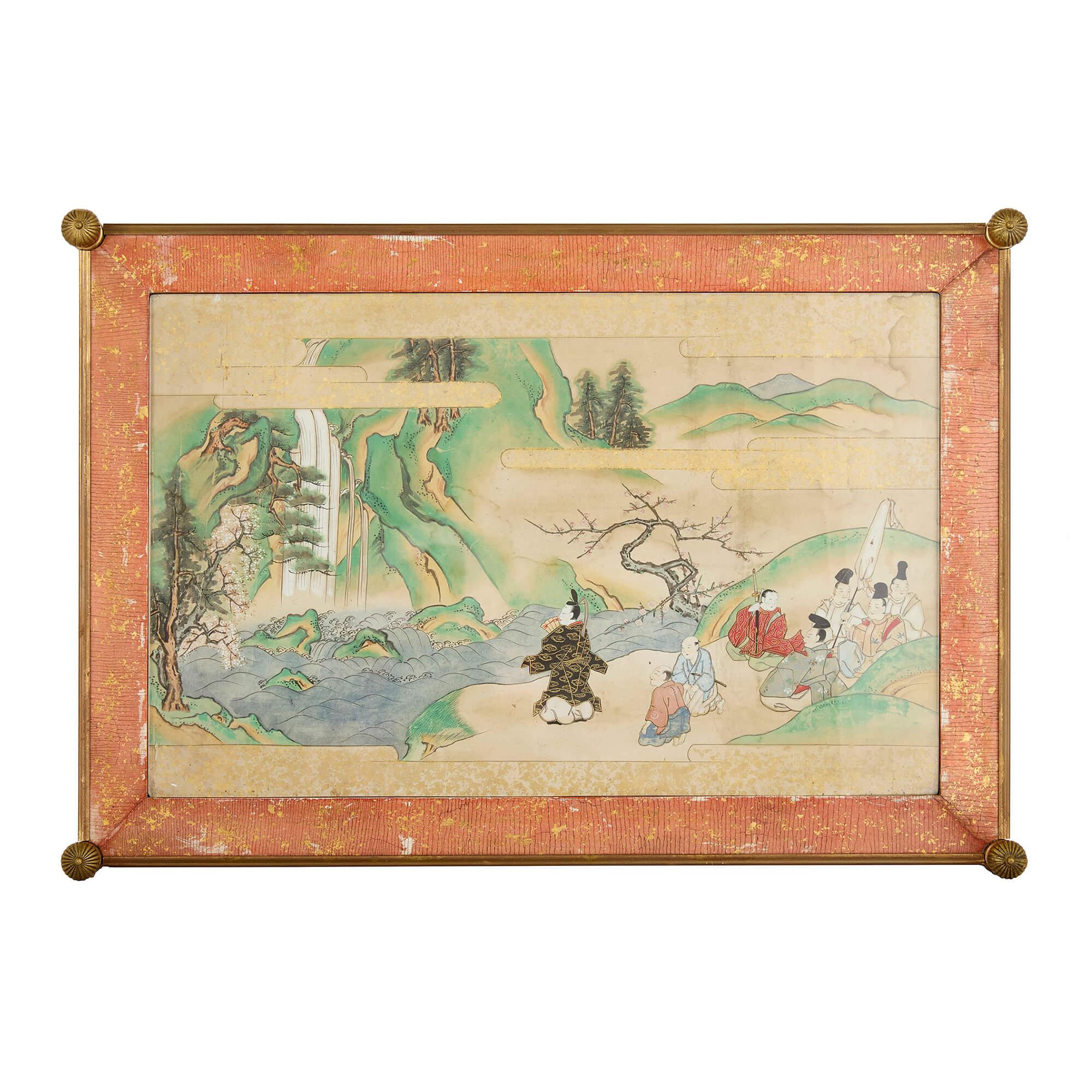 Moulage Paire d'étagères à deux niveaux en laiton du 20e siècle avec peintures japonaises en vente