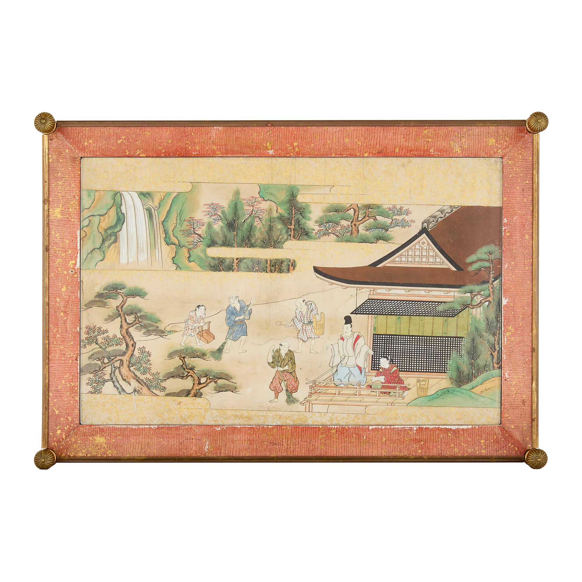 Paire d'étagères à deux niveaux en laiton du 20e siècle avec peintures japonaises Bon état - En vente à London, GB