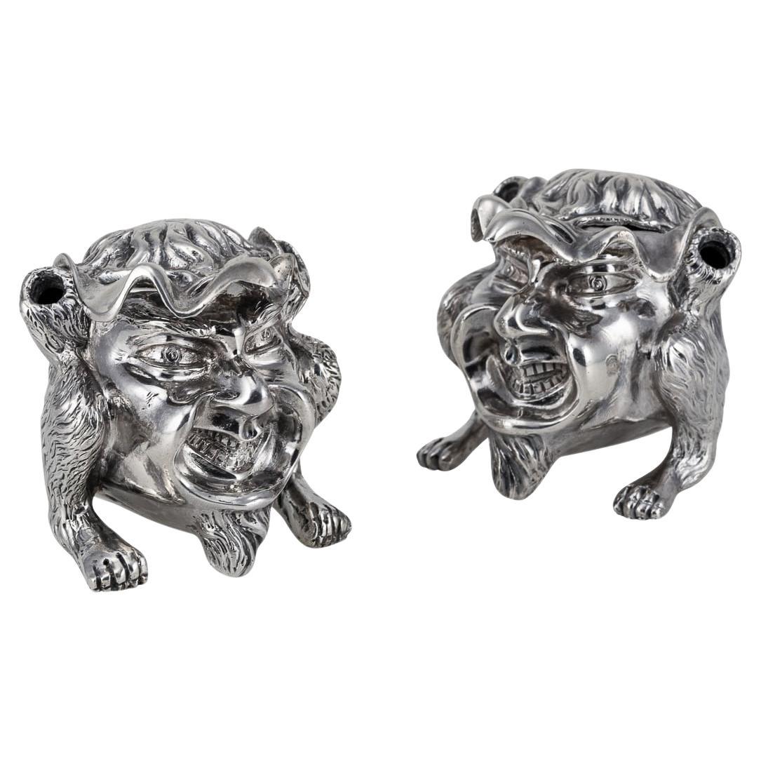 Pair Of 20th Century Victorian Solid Silver Grotesque Inkwells, London c.1880