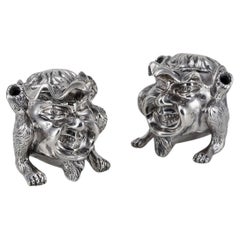 Pair Of 20th Century Victorian Solid Silver Grotesque Inkwells, London c.1880