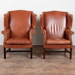Pair of 20th Century Vintage Danish Leather Wingback Club Chairs