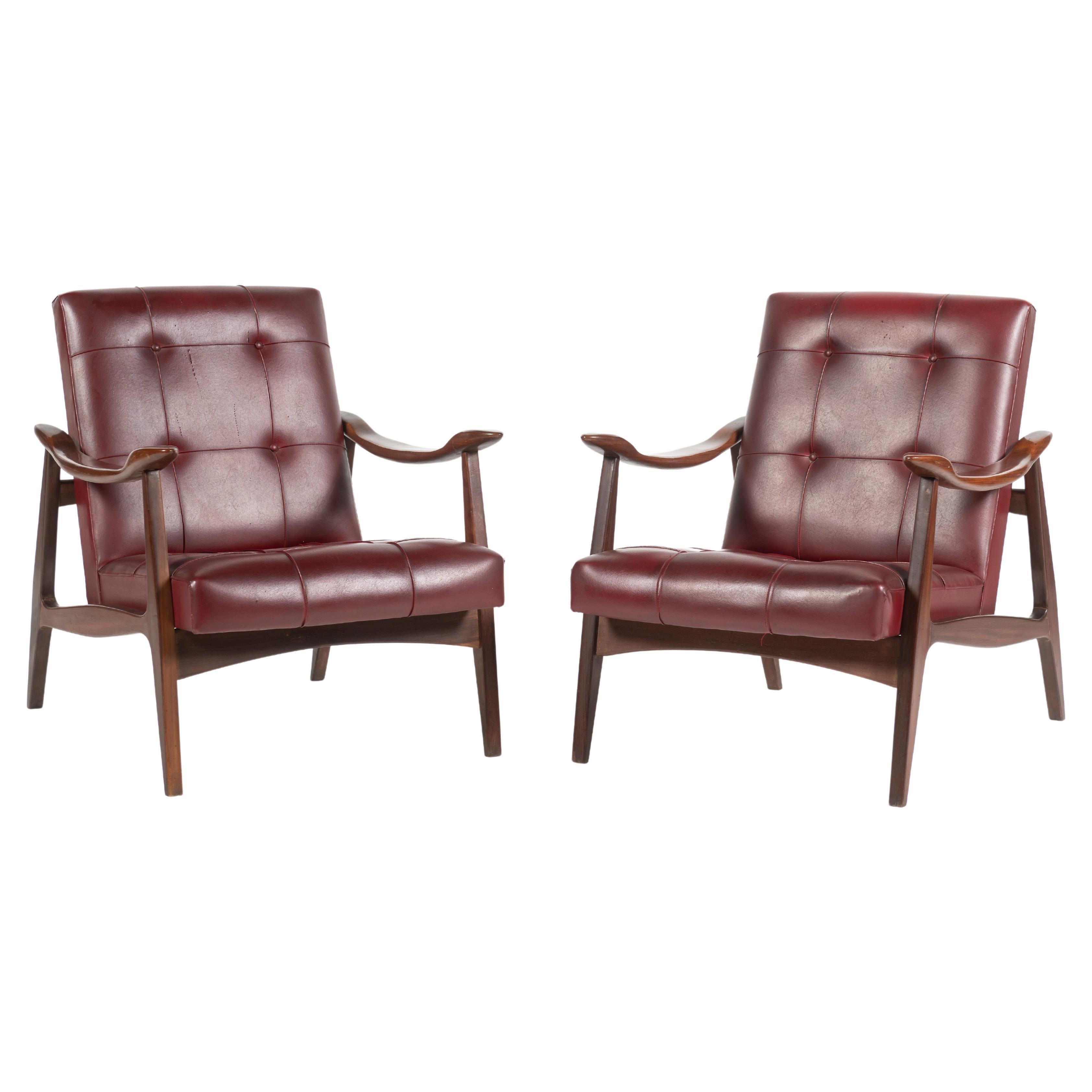 Pair of 20th Century Vintage Tufted Leather and Wood Arm Chairs, Italian For Sale