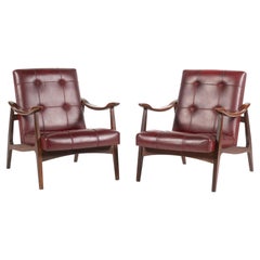 Pair of 20th Century Vintage Tufted Leather and Wood Arm Chairs, Italian
