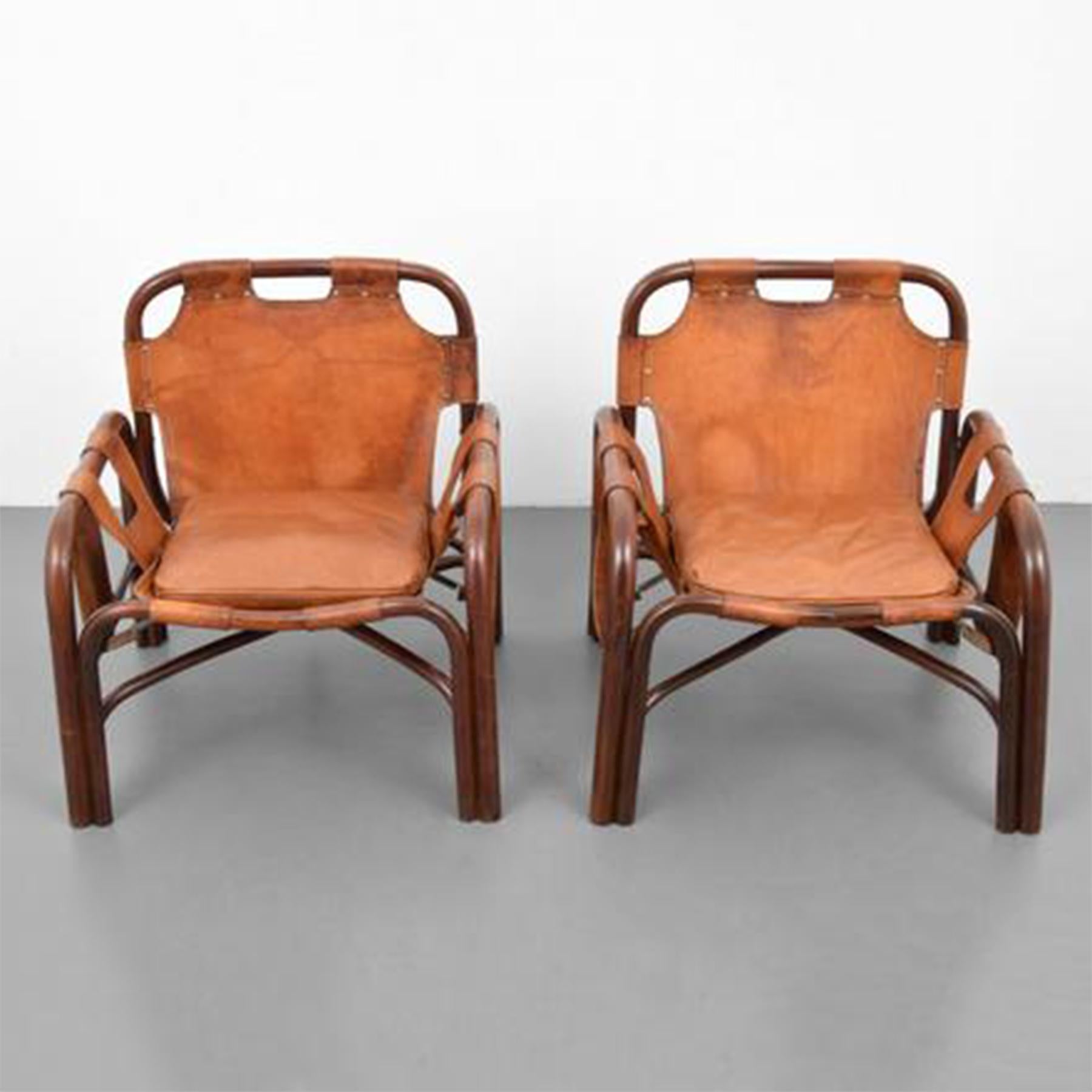 Mid-Century Modern Pair of 20th Century Vittorio Bonacita Styled Brown Leather Sling Chairs